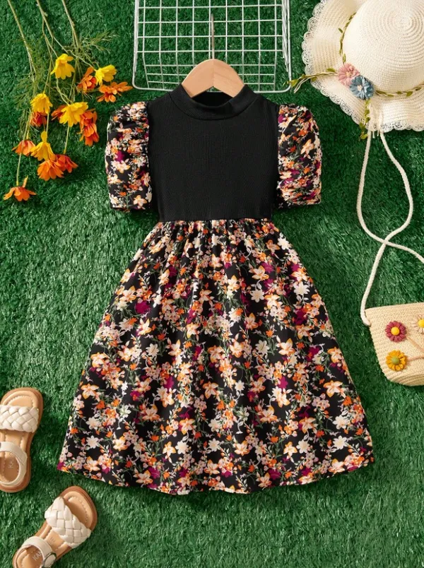 Girls'_Floral_Puff_Sleeve_Dress_-_Black_&_Multicolor