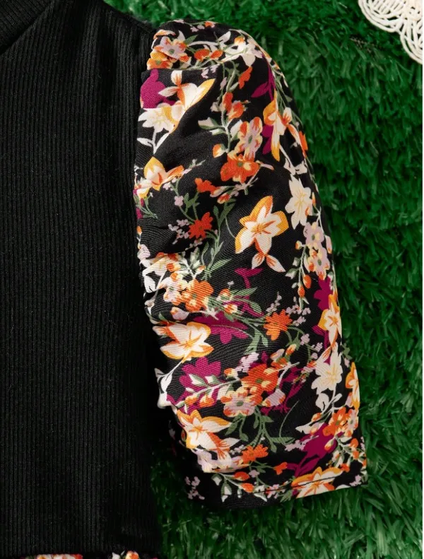 Girls'_Floral_Puff_Sleeve_Dress_-_Black_&_Multicolor