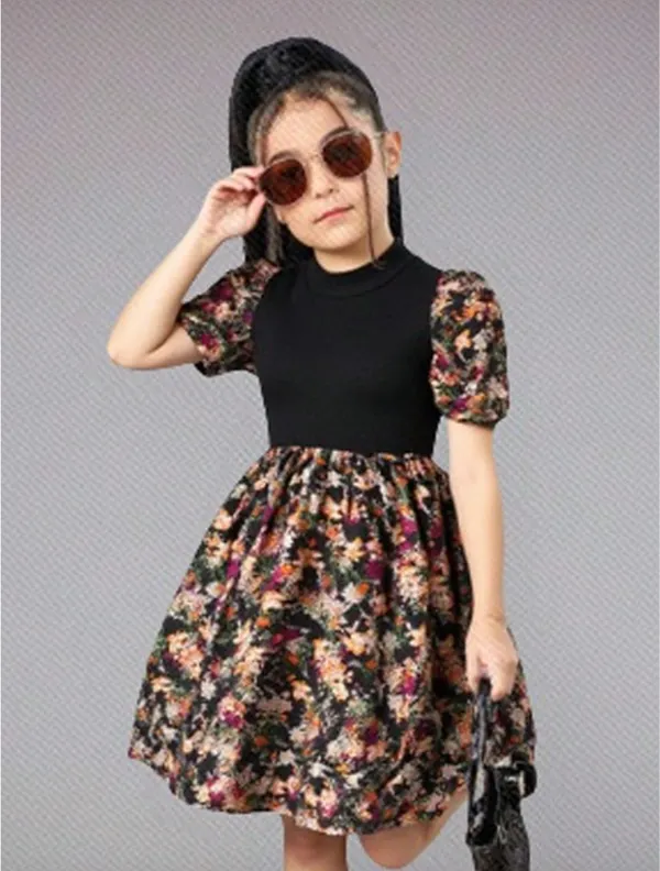 Girls'_Floral_Puff_Sleeve_Dress_-_Black_&_Multicolor