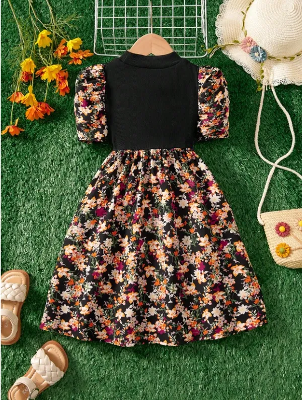 Girls'_Floral_Puff_Sleeve_Dress_-_Black_&_Multicolor