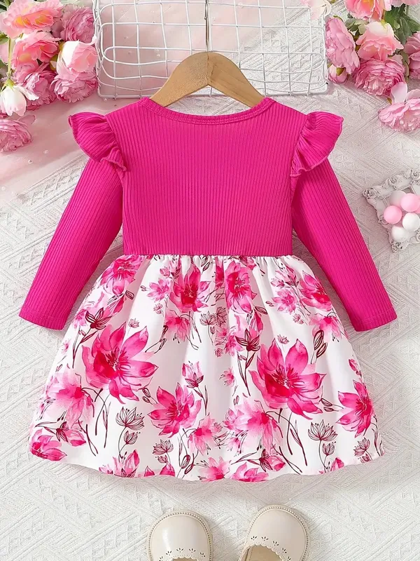 Girls-_Pink_Long_Sleeve_Party_Dress_With_Floral_Skirt_&_Bow_Detail