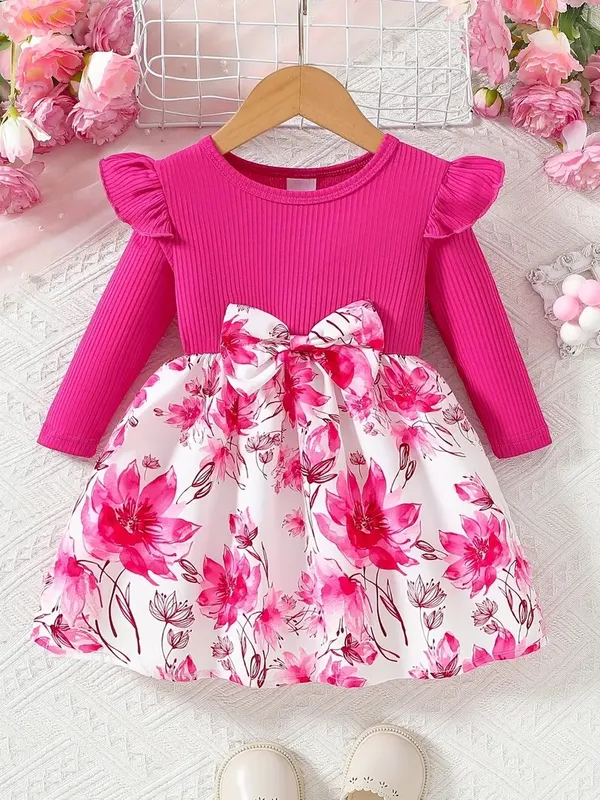 Girls-_Pink_Long_Sleeve_Party_Dress_With_Floral_Skirt_&_Bow_Detail