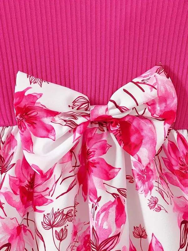 Girls-_Pink_Long_Sleeve_Party_Dress_With_Floral_Skirt_&_Bow_Detail