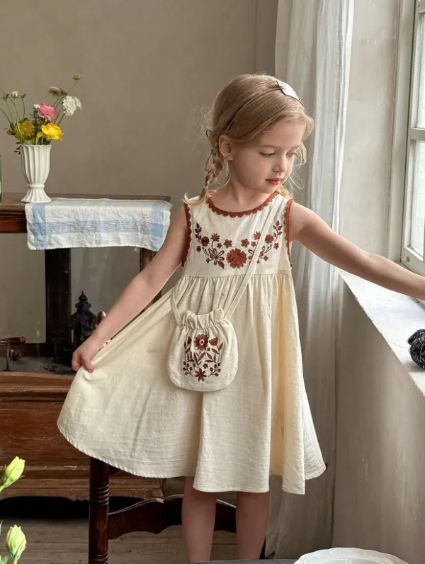 Girls_Sleeveless_Cotton_Dress_With_Embroidered_Floral_Detailing_&_Matching_Pouch