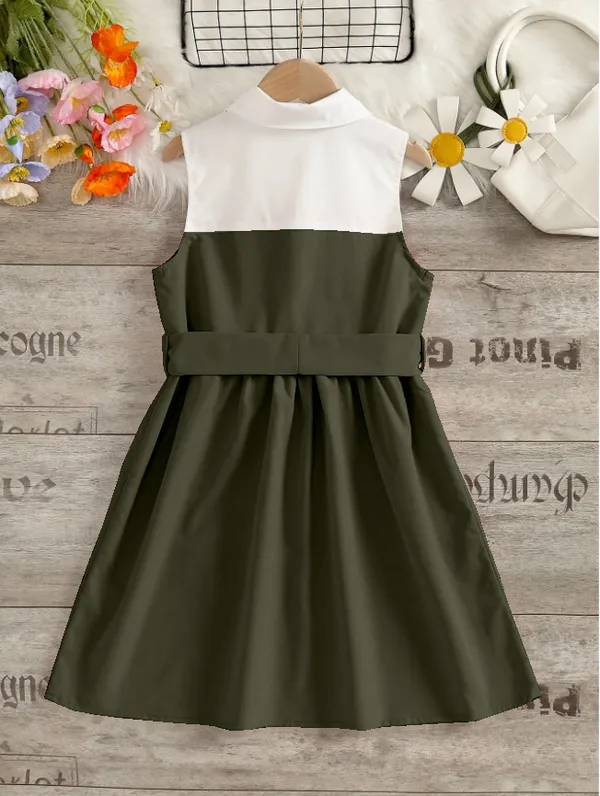 Green'_Sleeveless_Army_And_White_Shirt_Dress_With_Bow_Belt_For_Giirls