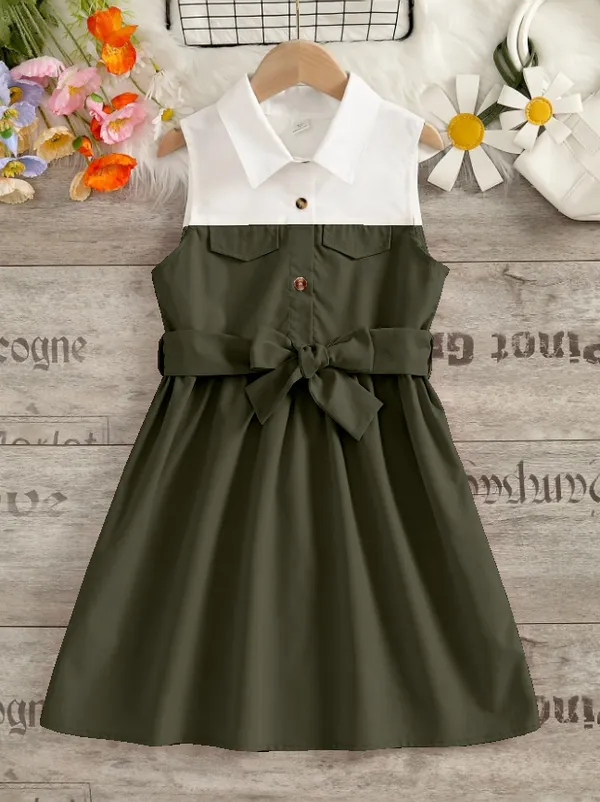 Green'_Sleeveless_Army_And_White_Shirt_Dress_With_Bow_Belt_For_Giirls