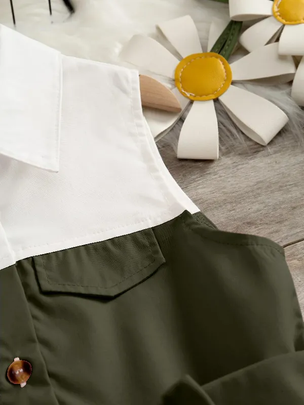 Green'_Sleeveless_Army_And_White_Shirt_Dress_With_Bow_Belt_For_Giirls