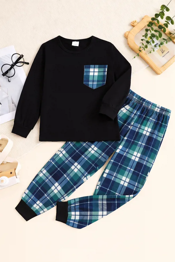 Kids_Black_T-Shirt_&_Check_Pajama_Nightwear_Set_|_Boys_&_Girls_Cotton_Night_Suit_with_Pocket