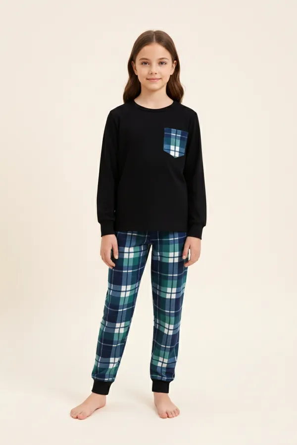 Kids_Black_T-Shirt_&_Check_Pajama_Nightwear_Set_|_Boys_&_Girls_Cotton_Night_Suit_with_Pocket