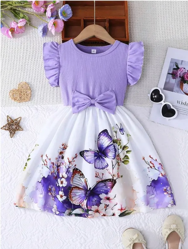 Lavender_Baby_Girl_Ruffled_Sleeve_Bow_Tie_Floral_Print_Casual_Dress