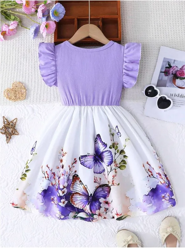 Lavender_Baby_Girl_Ruffled_Sleeve_Bow_Tie_Floral_Print_Casual_Dress