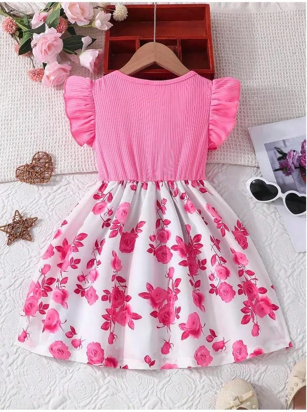 Light_Pink_Baby_Girl_Ruffled_Sleeve_Bow_Tie_Floral_Print_Casual_Dress