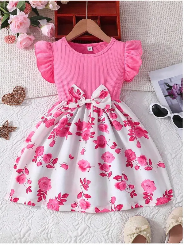 Light_Pink_Baby_Girl_Ruffled_Sleeve_Bow_Tie_Floral_Print_Casual_Dress