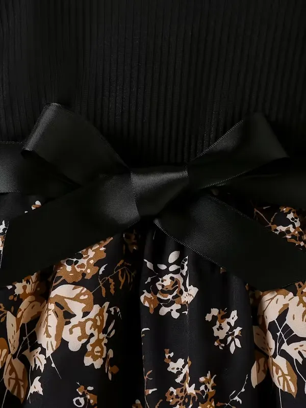 Little_Girls'_Ruffled_Long-Sleeve_Black_Top_&_Floral_Print_A-Line_Dress_With_Bow