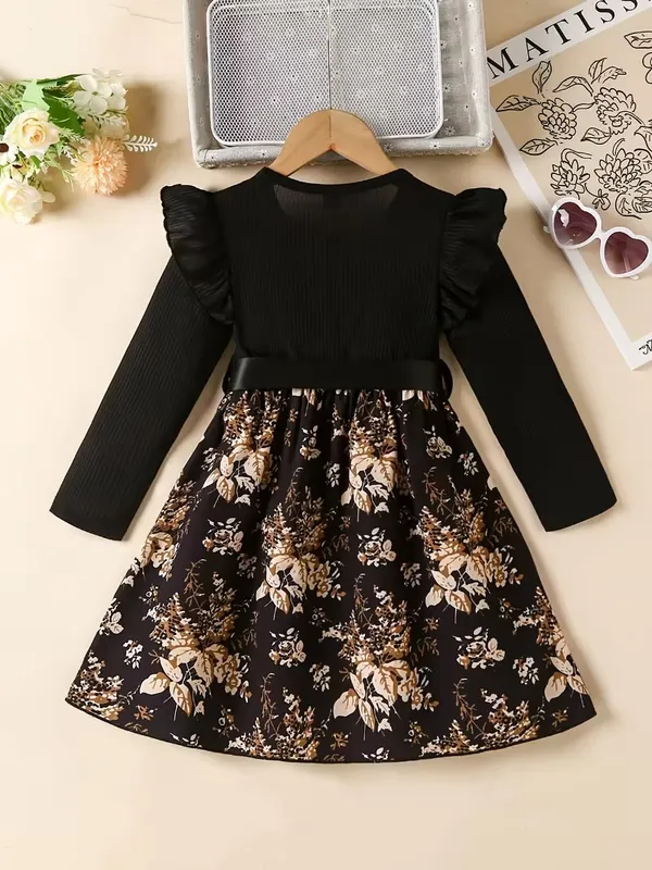 Little_Girls'_Ruffled_Long-Sleeve_Black_Top_&_Floral_Print_A-Line_Dress_With_Bow