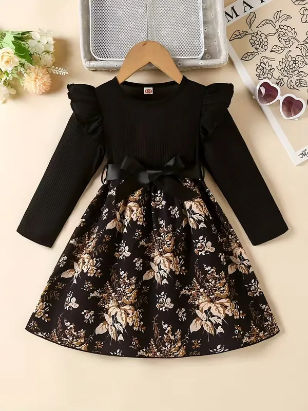 Little_Girls'_Ruffled_Long-Sleeve_Black_Top_&_Floral_Print_A-Line_Dress_With_Bow