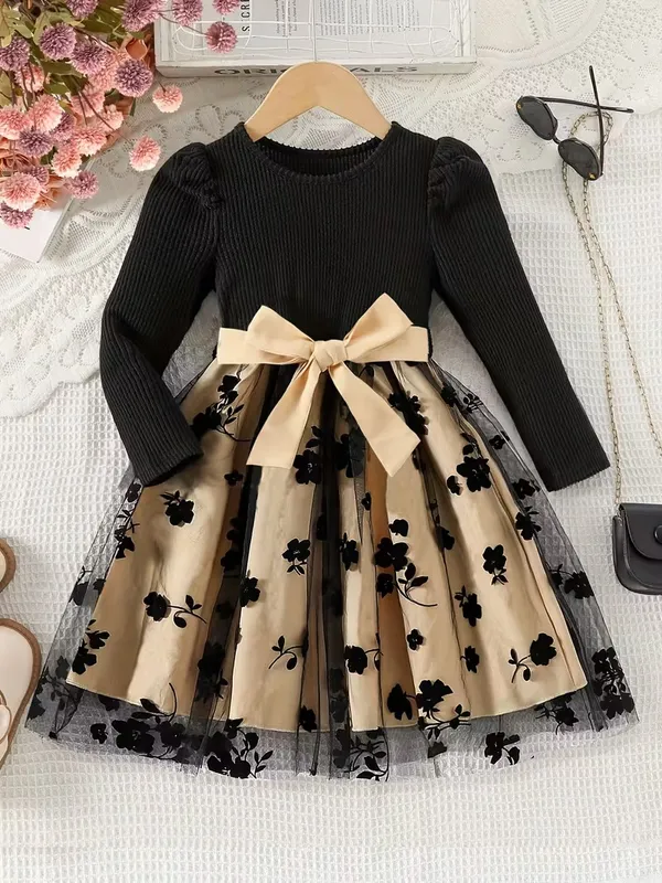 Luxury_Floral_Embroidery_Party_Dress_For_Girls_-_Black_Ribbed_Top_&_Champagne_Tulle_Skirt_With_Satin_Bow