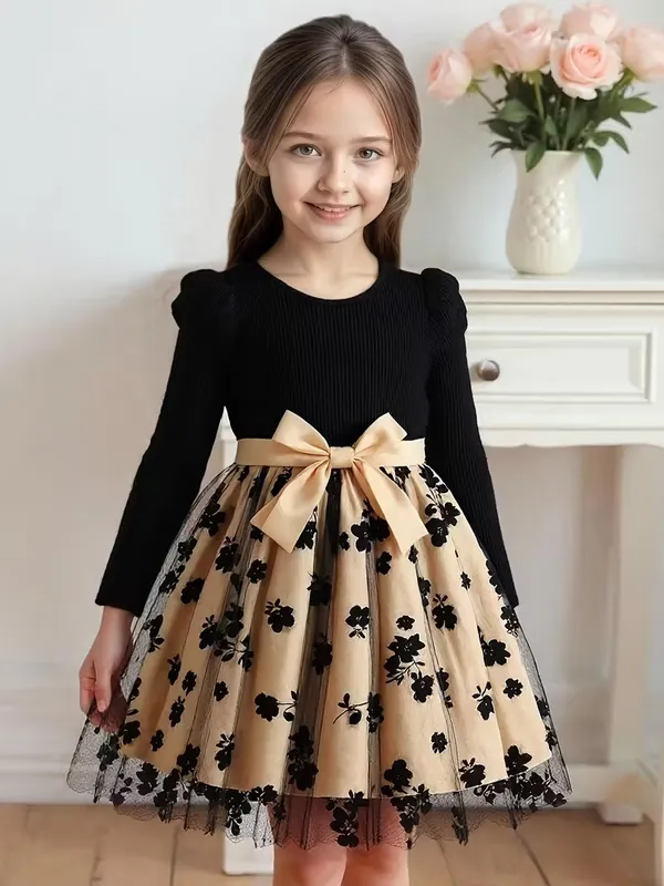 Luxury_Floral_Embroidery_Party_Dress_For_Girls_-_Black_Ribbed_Top_&_Champagne_Tulle_Skirt_With_Satin_Bow