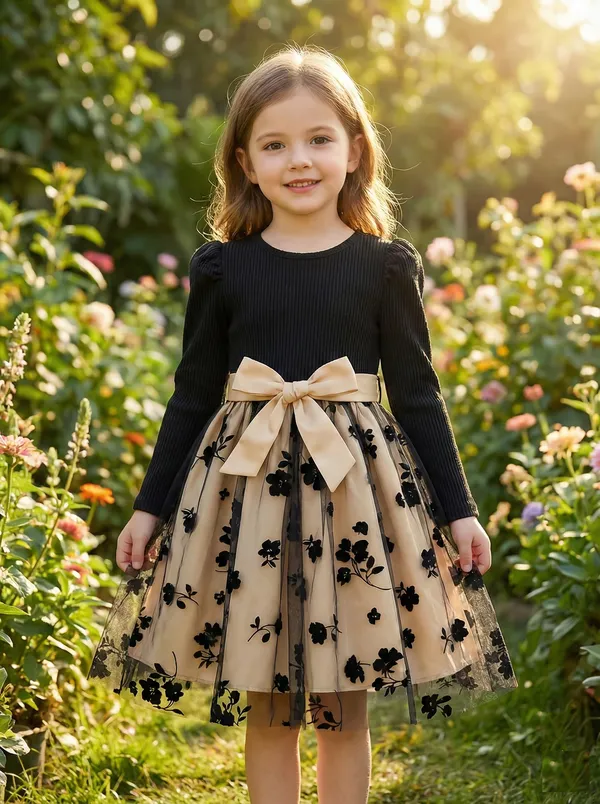 Luxury_Floral_Embroidery_Party_Dress_For_Girls_-_Black_Ribbed_Top_&_Champagne_Tulle_Skirt_With_Satin_Bow