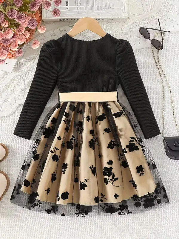 Luxury_Floral_Embroidery_Party_Dress_For_Girls_-_Black_Ribbed_Top_&_Champagne_Tulle_Skirt_With_Satin_Bow