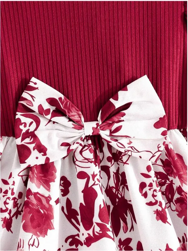 Marron_Baby_Girl_Ruffled_Sleeve_Bow_Tie_Floral_Print_Casual_Dress