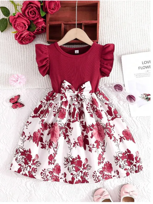 Marron_Baby_Girl_Ruffled_Sleeve_Bow_Tie_Floral_Print_Casual_Dress