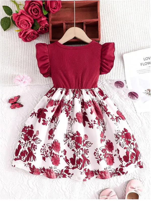 Marron_Baby_Girl_Ruffled_Sleeve_Bow_Tie_Floral_Print_Casual_Dress