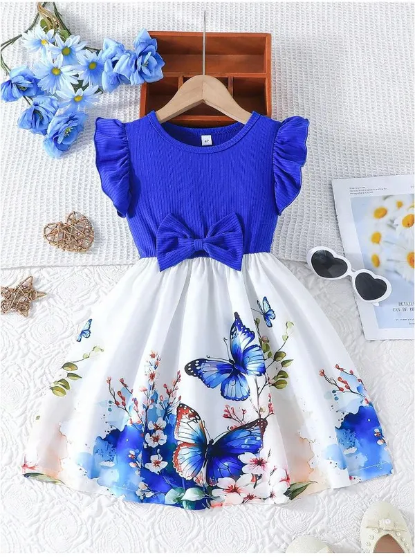 Navy_Blue_Ruffled_Sleeve_Bow_Tie_Floral_Print_Casual_Dress_For_Girls