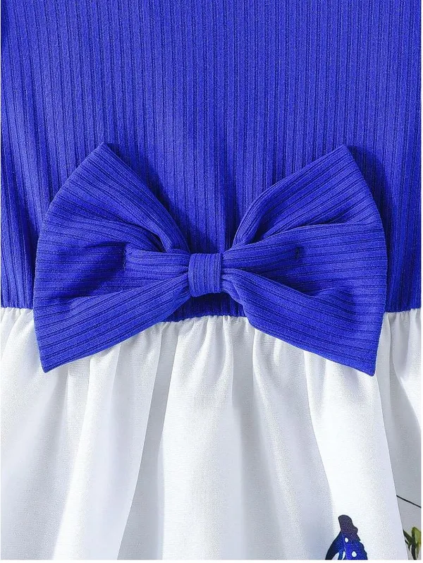 Navy_Blue_Ruffled_Sleeve_Bow_Tie_Floral_Print_Casual_Dress_For_Girls