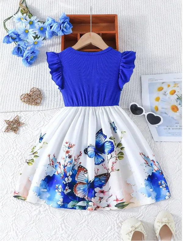 Navy_Blue_Ruffled_Sleeve_Bow_Tie_Floral_Print_Casual_Dress_For_Girls