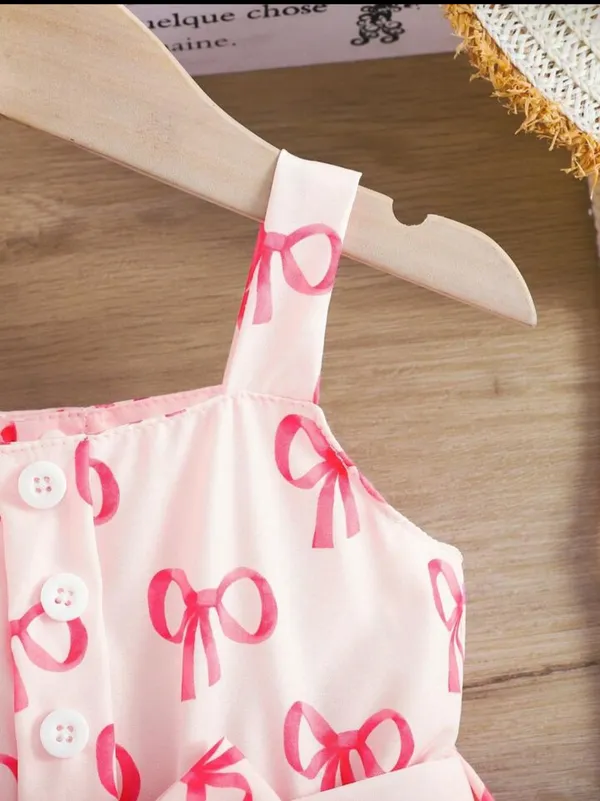 White_Baby_Girl_Strap_Sleeve_Bow_Tie_Bow_Print_Casual_Dress
