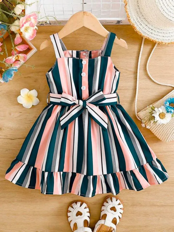 Pink_And_Black_Baby_Girl_Strap_Sleeve_Bow_Tie_Strip_Print_Casual_Dress