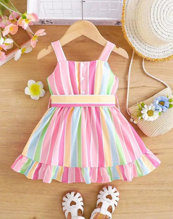 White_Baby_Girl_Strap_Sleeve_Bow_Tie_Strip_Print_Casual_Dress