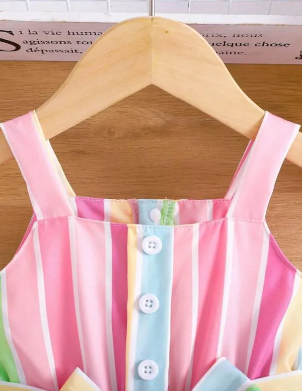 White_Baby_Girl_Strap_Sleeve_Bow_Tie_Strip_Print_Casual_Dress