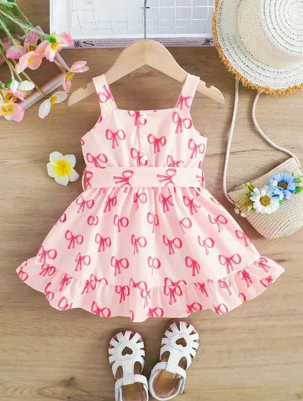 White_Baby_Girl_Strap_Sleeve_Bow_Tie_Bow_Print_Casual_Dress