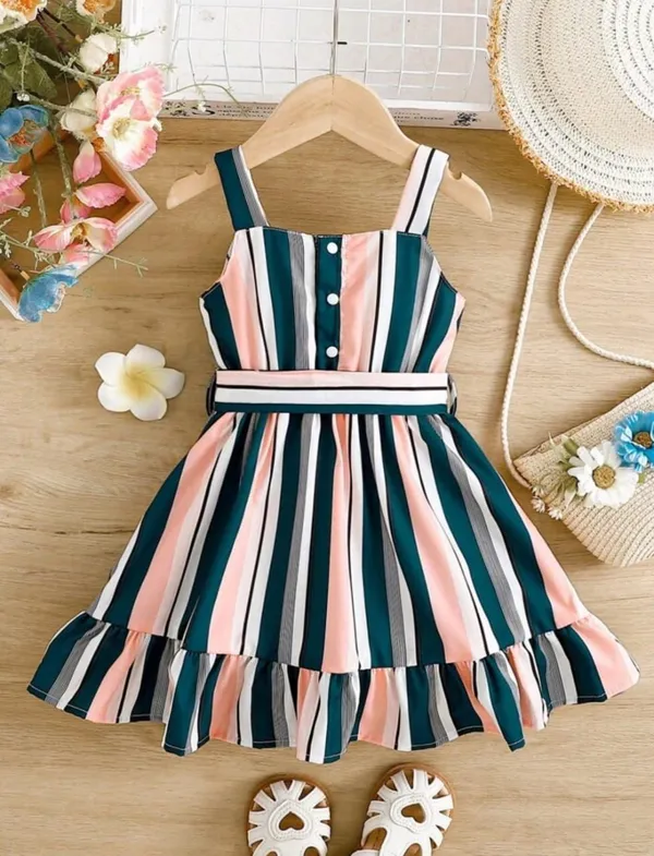Pink_And_Black_Baby_Girl_Strap_Sleeve_Bow_Tie_Strip_Print_Casual_Dress