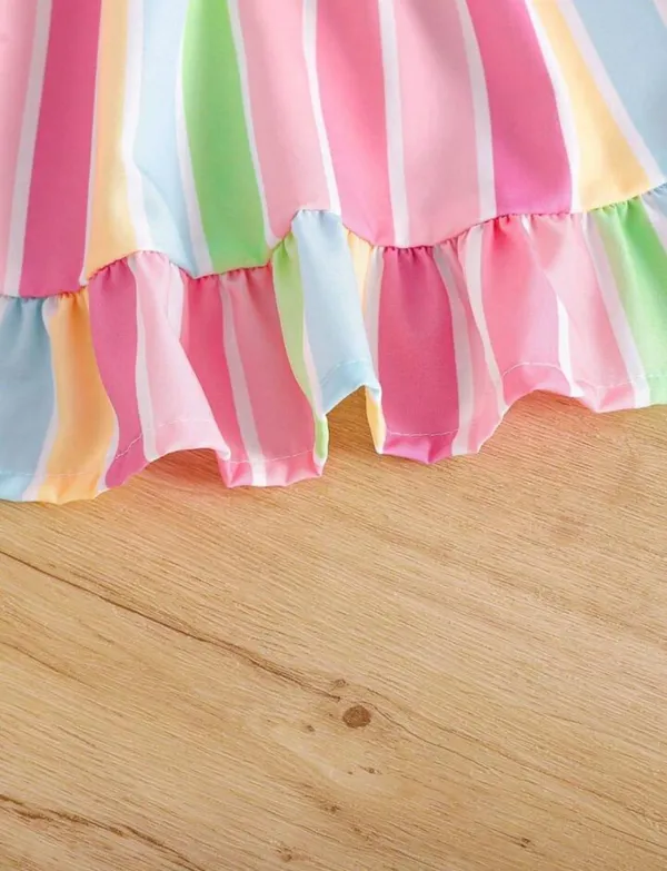 White_Baby_Girl_Strap_Sleeve_Bow_Tie_Strip_Print_Casual_Dress