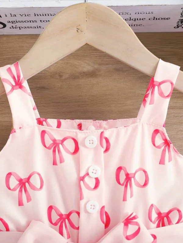 White_Baby_Girl_Strap_Sleeve_Bow_Tie_Bow_Print_Casual_Dress