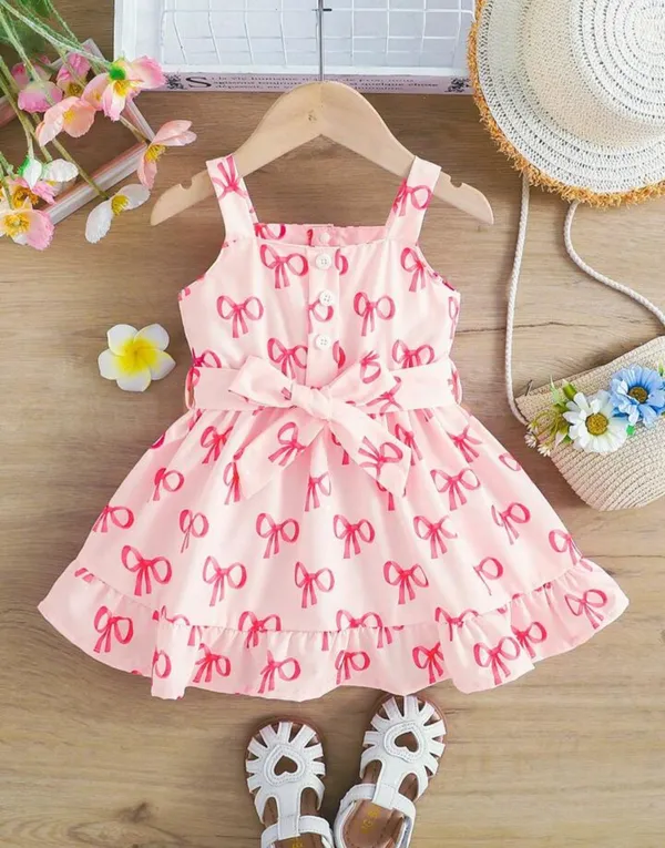 White_Baby_Girl_Strap_Sleeve_Bow_Tie_Bow_Print_Casual_Dress