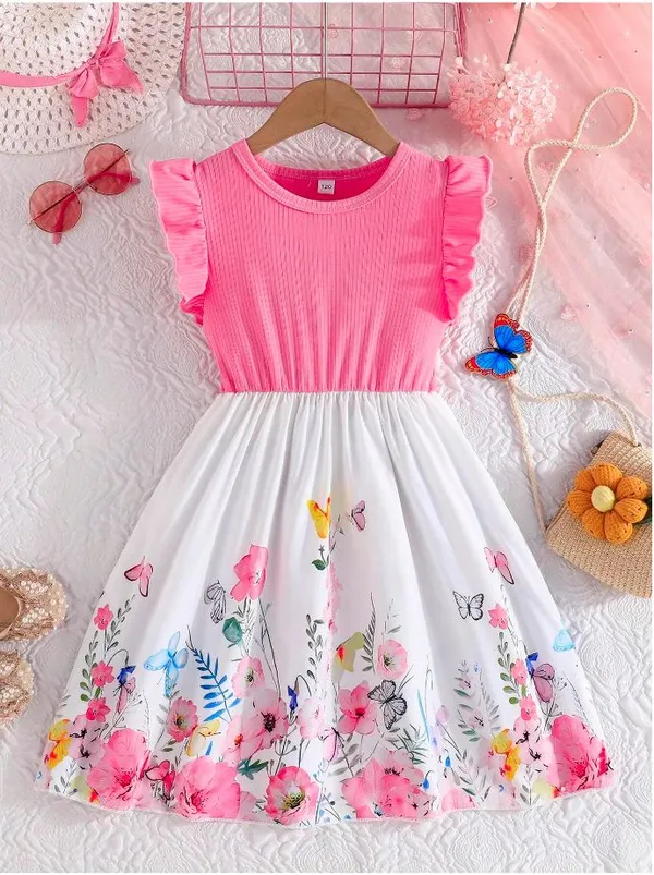 Pink_Baby_Girl_Ruffled_Sleeve__Floral_Print_Casual_Dress