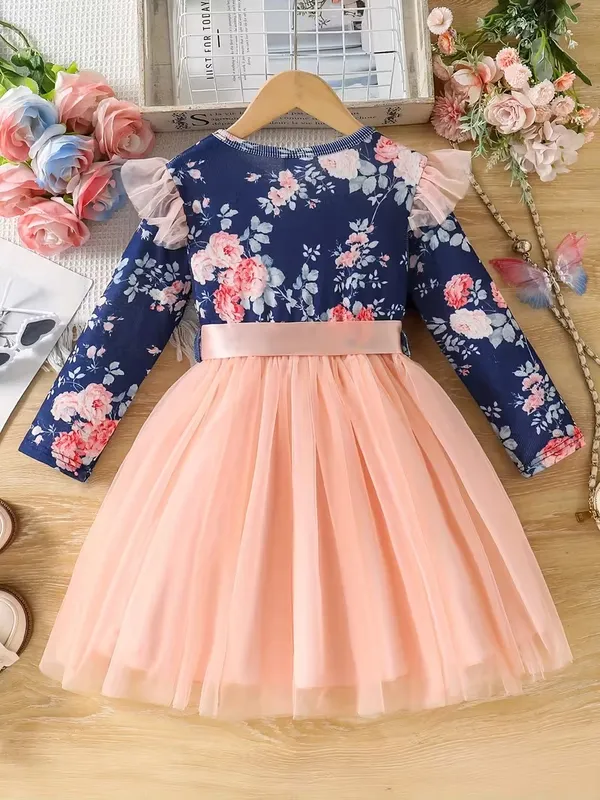 Peach_&_Navy_Floral_Party_Dress_For_Girls