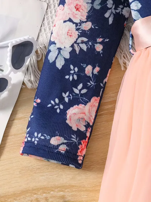 Peach_&_Navy_Floral_Party_Dress_For_Girls
