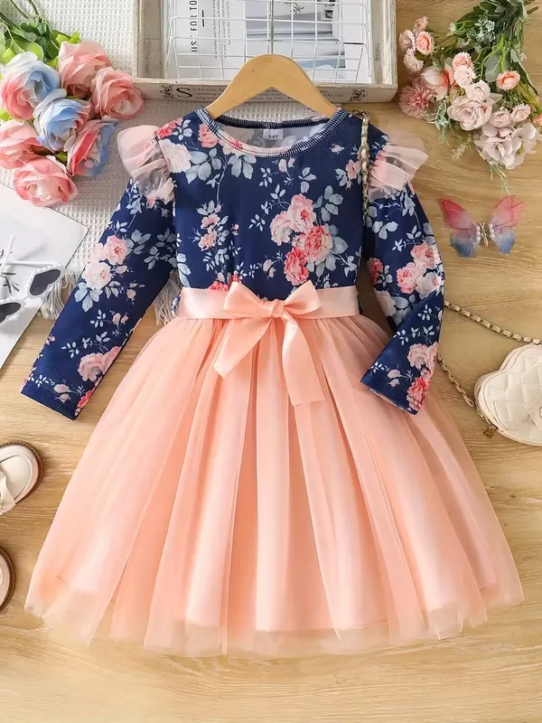 Peach_&_Navy_Floral_Party_Dress_For_Girls
