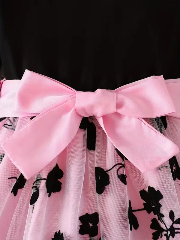 Pink_Floral_Embroidery_Party_Dress_For_Girls_-_Black_Top_&_Tulle_Skirt_With_Satin_Bow