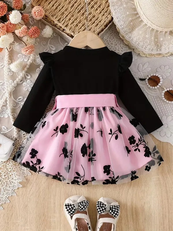 Pink_Floral_Embroidery_Party_Dress_For_Girls_-_Black_Top_&_Tulle_Skirt_With_Satin_Bow