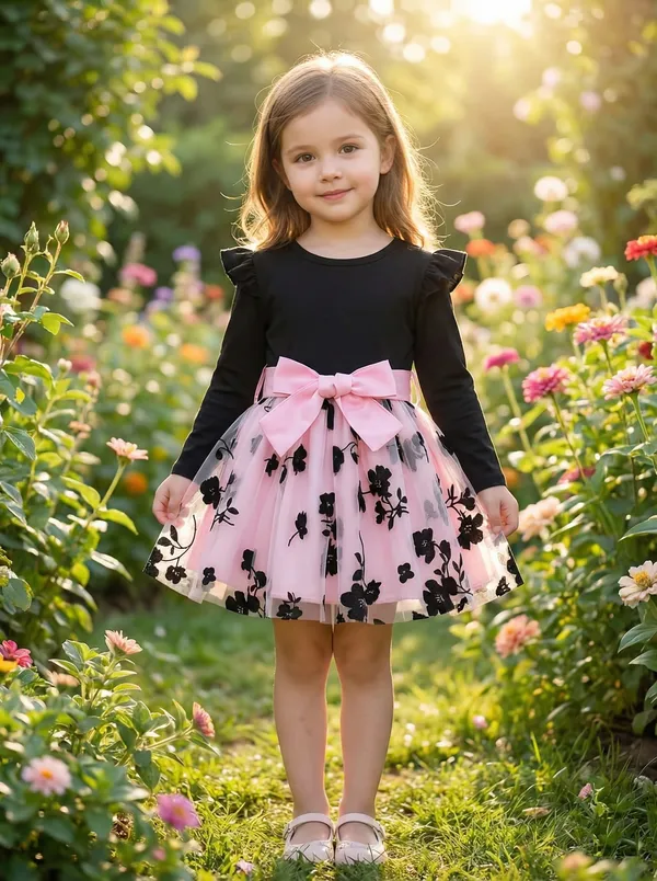 Pink_Floral_Embroidery_Party_Dress_For_Girls_-_Black_Top_&_Tulle_Skirt_With_Satin_Bow