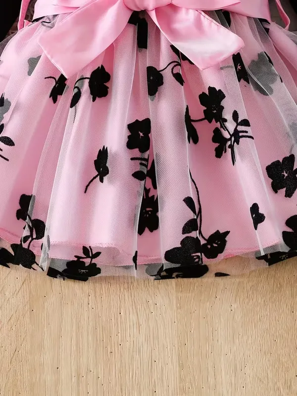 Pink_Floral_Embroidery_Party_Dress_For_Girls_-_Black_Top_&_Tulle_Skirt_With_Satin_Bow