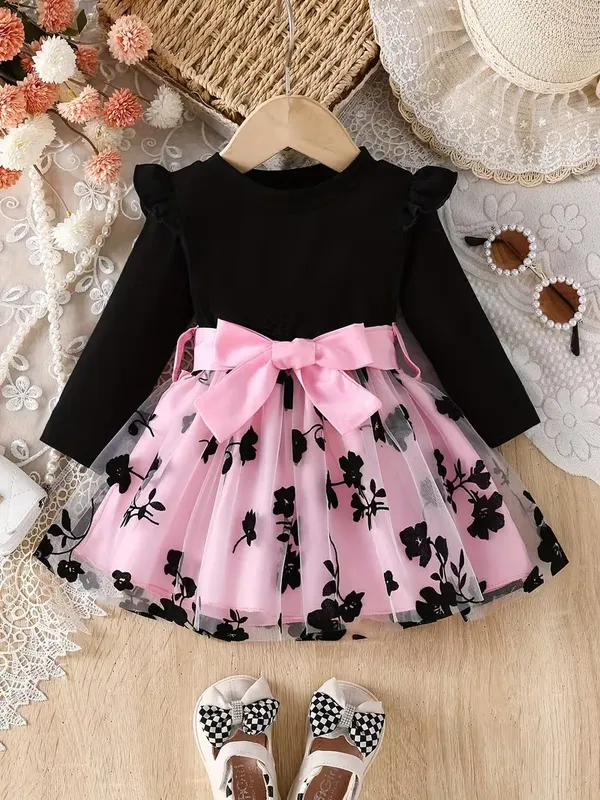 Pink_Floral_Embroidery_Party_Dress_For_Girls_-_Black_Top_&_Tulle_Skirt_With_Satin_Bow