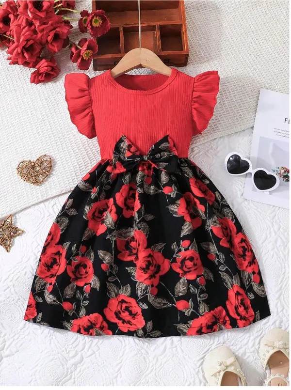 Red__Baby_Girl_Ruffled_Sleeve_Bow_Tie_Floral_Print_Casual_Dress