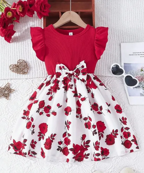 Red__Baby_Girl_Ruffled_Sleeve_Bow_Tie_Floral_Print_Casual_Dress